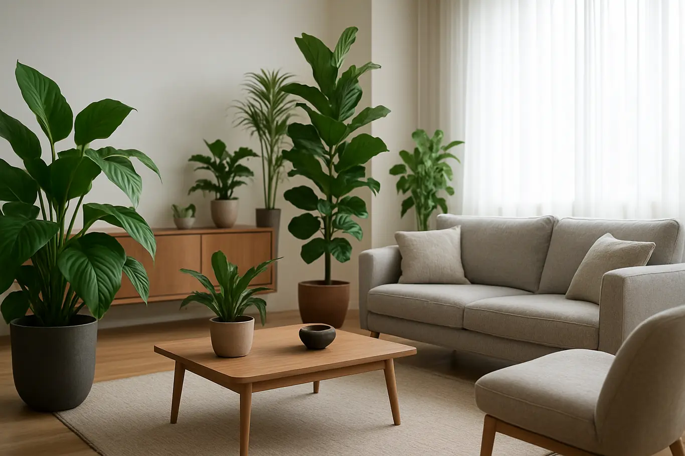 sala moderna plantas elegantes Sala moderna elegante com plantas verdes de diferentes tamanhos e mobiliário contemporâneo