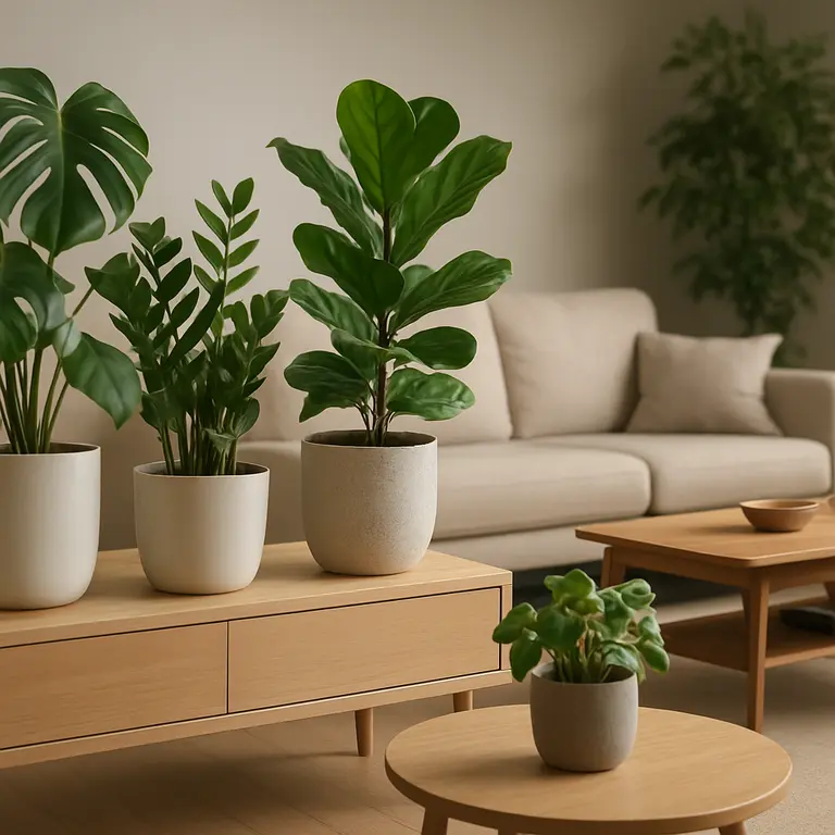 Sala moderna com decoração sofisticada e diversas plantas verdes