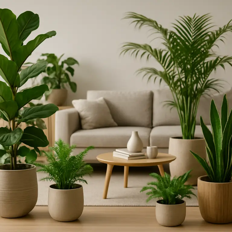 Sala de estar moderna com plantas verdes em vasos de cerâmica e madeira ao redor de móveis minimalistas neutros