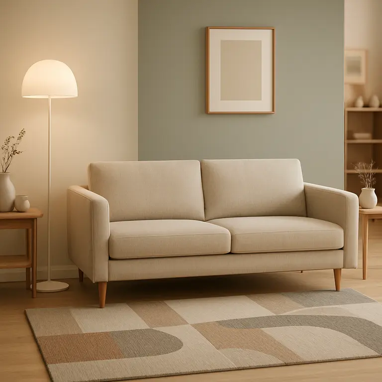 Sala pequena decorada com sofá compacto, parede de destaque em tom suave, luminária minimalista e móveis organizados