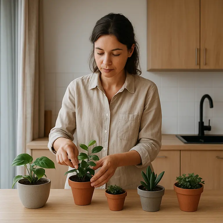 Pessoa organizando plantas em vasos pequenos na bancada que integra cozinha e varanda de sala pequena