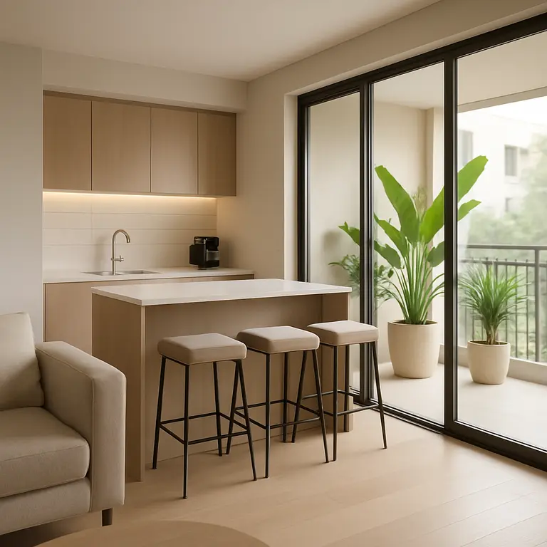 Sala pequena integrada com cozinha moderna e varanda decorada