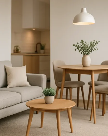 sala pequena integrada cozinha varanda 3 Sala pequena integrada com sofá compacto, mesa de jantar pequena e plantas decorativas em ambiente moderno