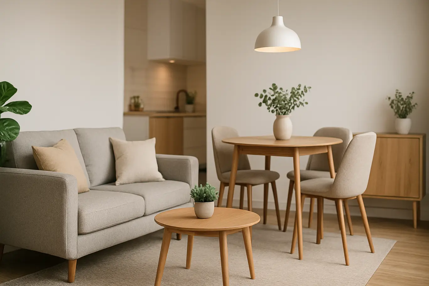 sala pequena integrada cozinha varanda 3 Sala pequena integrada com sofá compacto, mesa de jantar pequena e plantas decorativas em ambiente moderno