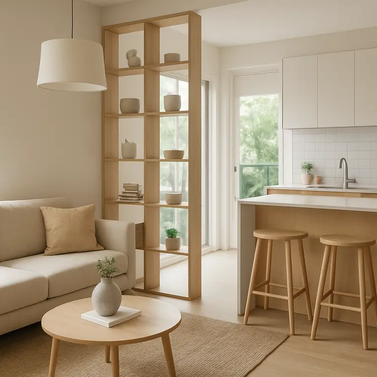 Sala pequena integrada com cozinha e varanda, estante vazada separando ambientes