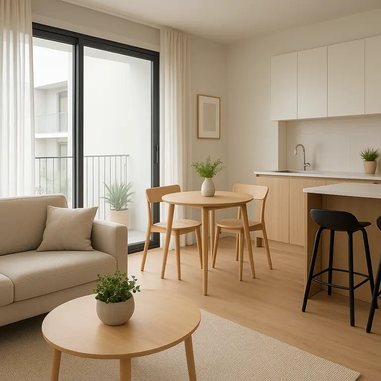 Sala pequena integrada com varanda e cozinha moderna