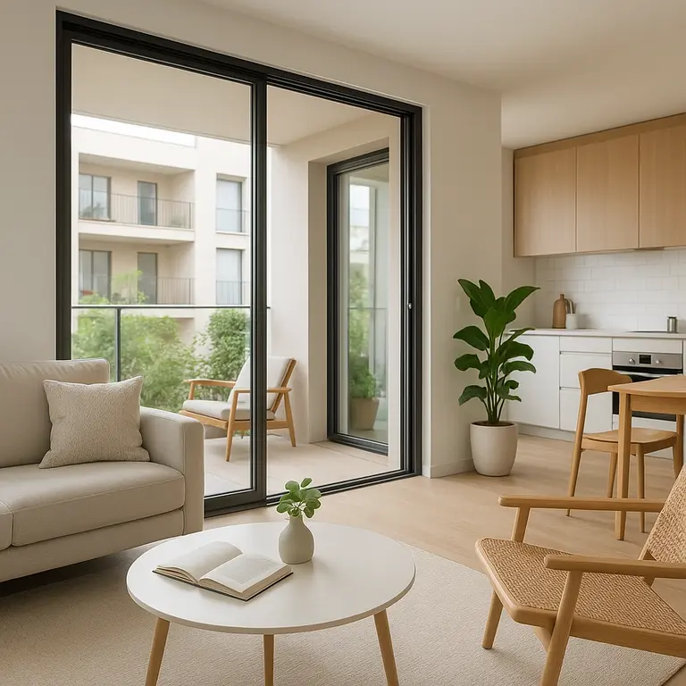 Ambiente integrado com sala pequena conectada à varanda com portas de vidro retráteis parcialmente abertas e cozinha, móveis modernos em tons claros e piso uniforme