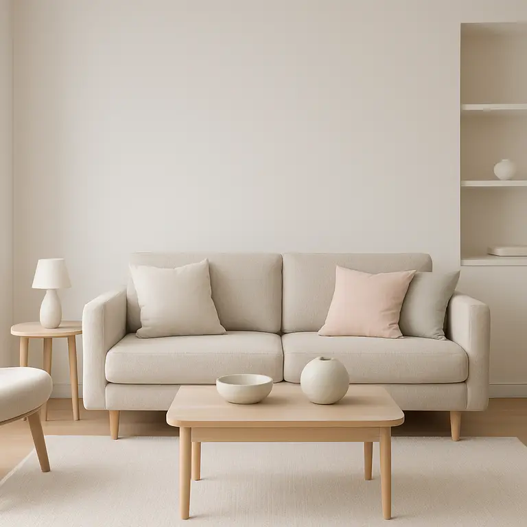 Sala pequena moderna organizada com móveis compactos claros e decoração minimalista