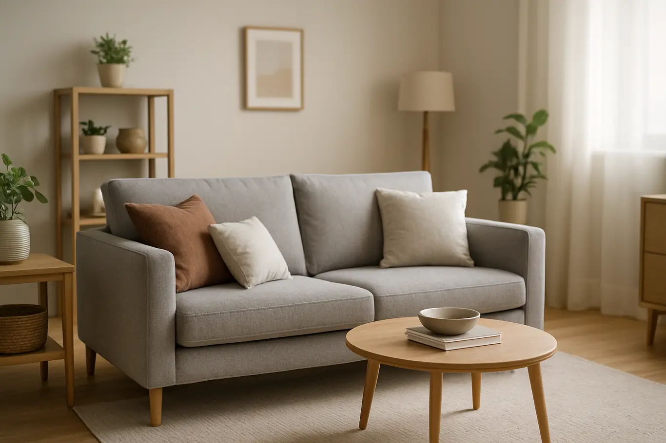 sala pequena moderna organizada Sala pequena moderna com sofá compacto e decoração minimalista