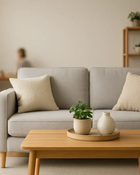 sala pequena organizada moveis compactos Sala pequena moderna com móveis compactos de madeira clara e decoração minimalista