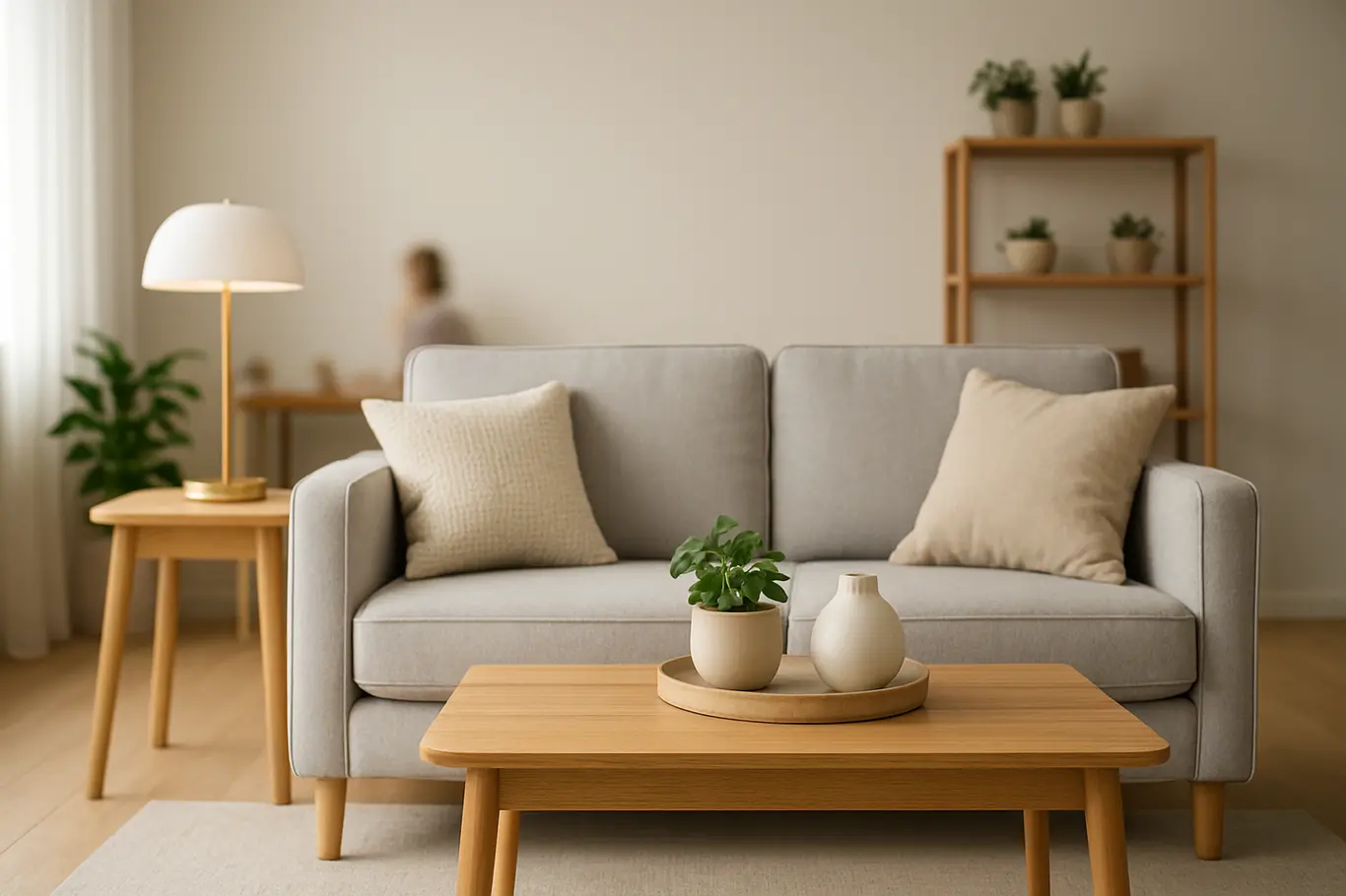 sala pequena organizada moveis compactos Sala pequena moderna com móveis compactos de madeira clara e decoração minimalista