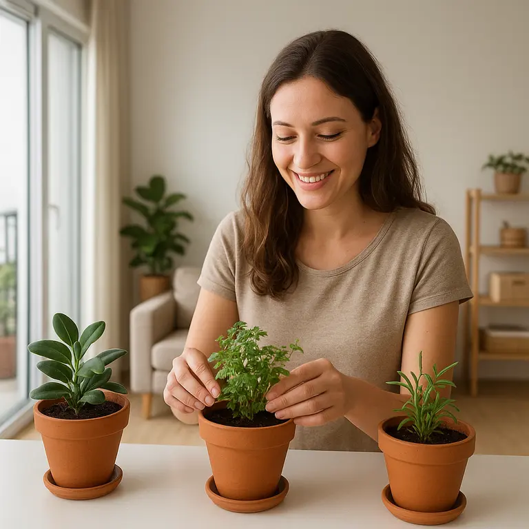 Mulher sorridente organizando plantas em vasos sobre bancada integrada entre sala pequena e varanda ampliada com móveis compactos ao fundo