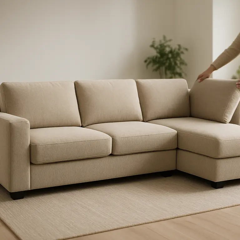 Sala de estar moderna com sofá modular em formato L e chaise em tecido suave, módulos rearranjados destacando versatilidade