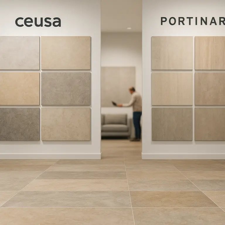 Showroom moderno com paredes exibindo porcelanatos Ceusa e Portinari em texturas distintas