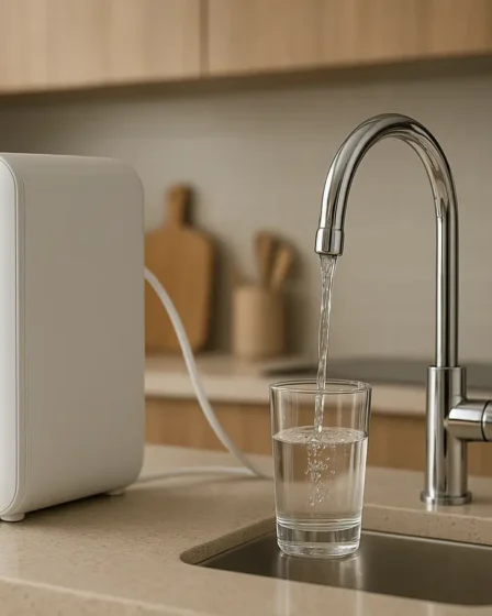 sistema filtracao agua cozinha moderna Sistema de filtragem de água instalado em pia de cozinha moderna com torneira cromada e copo transparente recebendo água cristalina