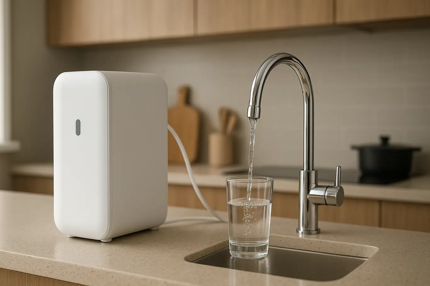 sistema filtracao agua cozinha moderna Sistema de filtragem de água instalado em pia de cozinha moderna com torneira cromada e copo transparente recebendo água cristalina