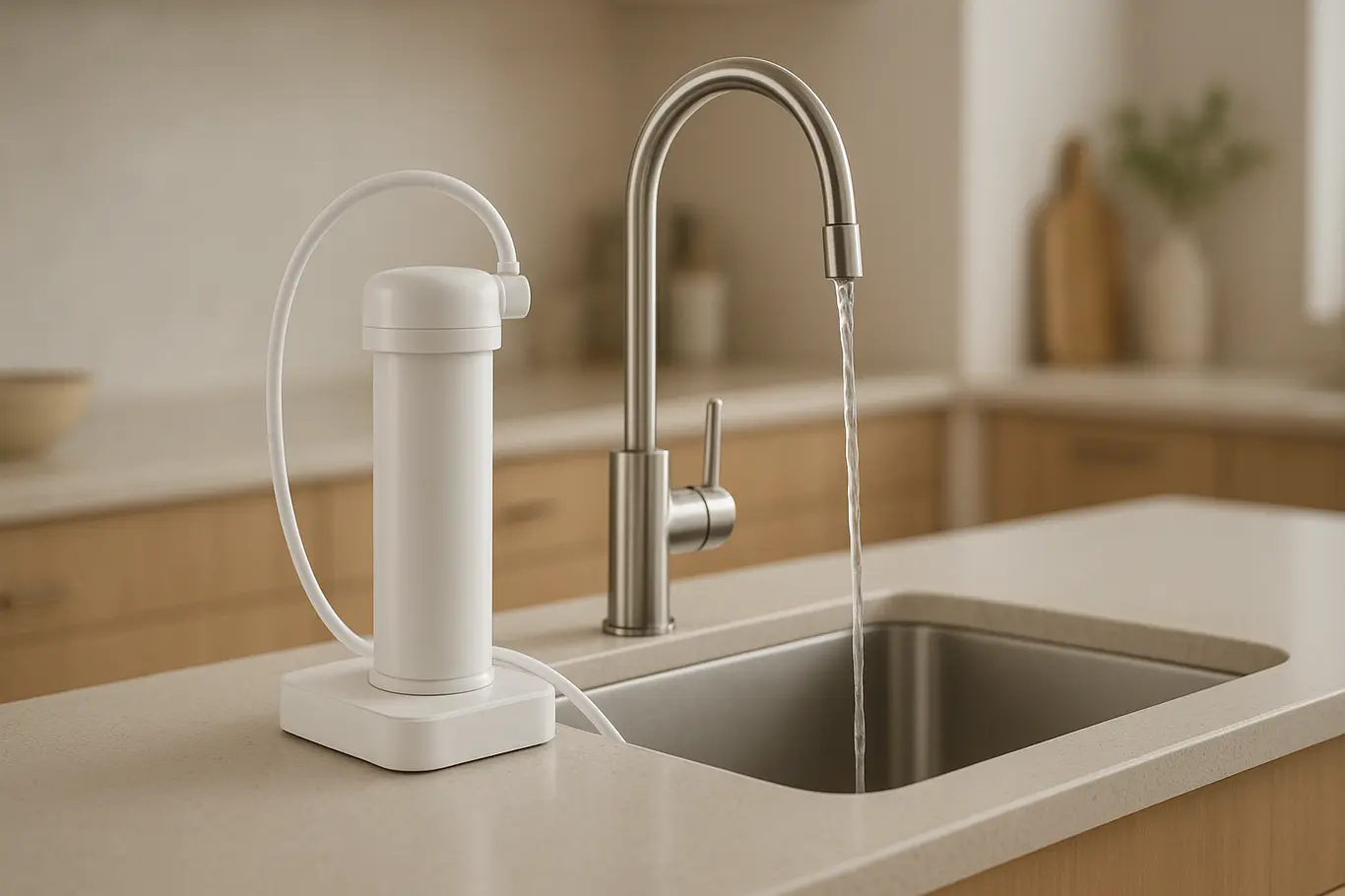 sistema filtracao agua cozinha moderno 1 Sistema moderno de filtracao de agua instalado sob pia de cozinha com filtro e torneira em bancada clara