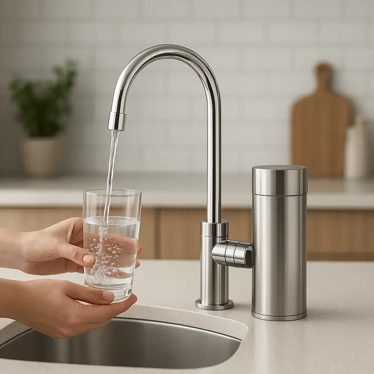 Cozinha moderna com sistema de filtragem de água cromado instalado na pia e mãos femininas enchendo copo de água