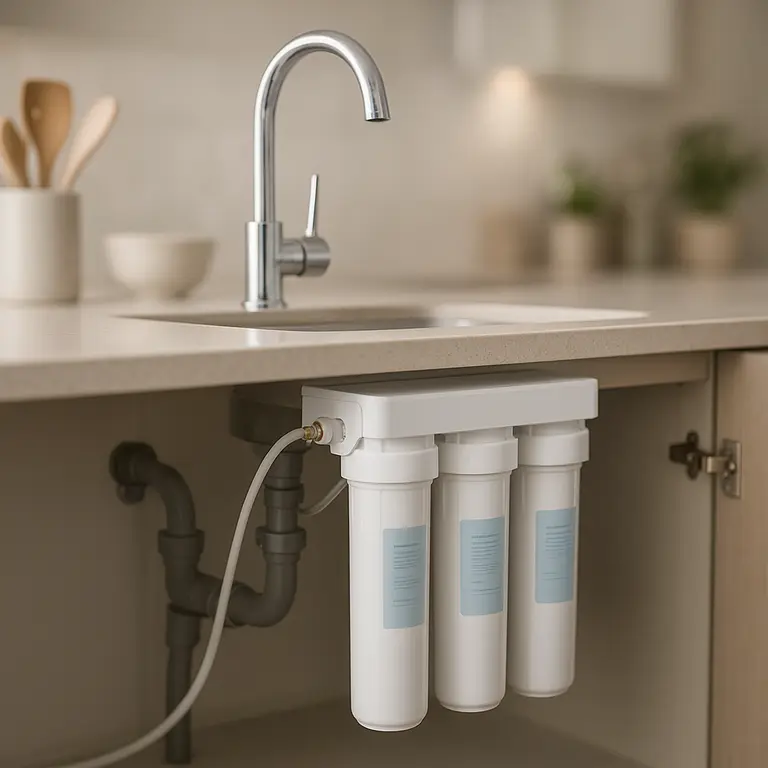 Sistema de filtracao de agua instalado na cozinha com torneira e jarra