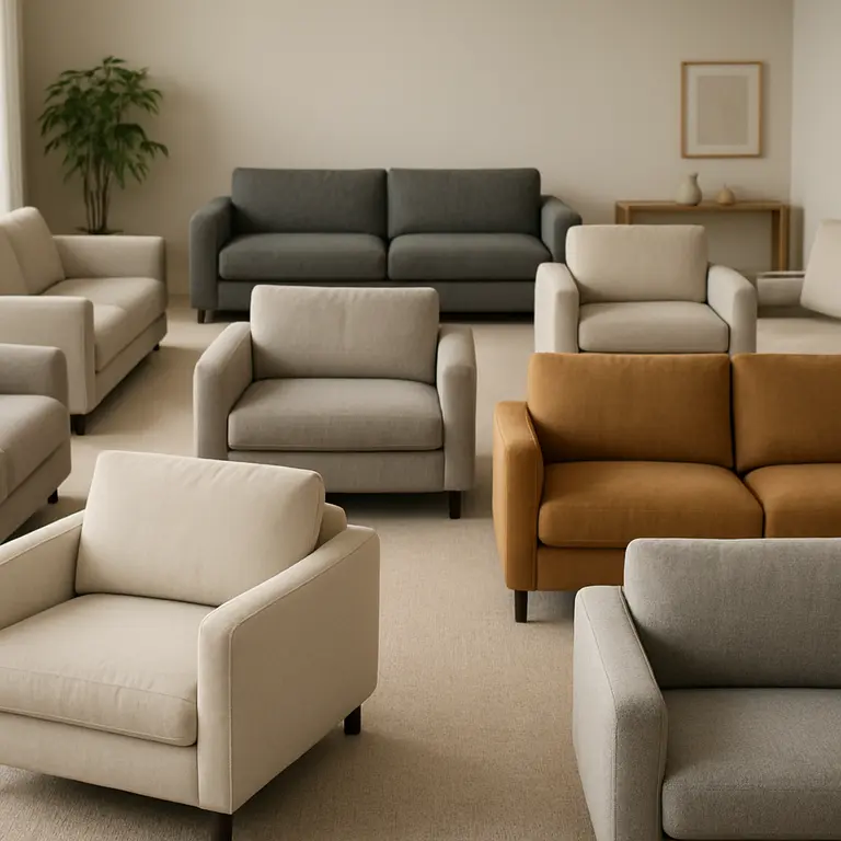 Sofá moderno cinza claro em sala de estar elegante com decoração minimalista