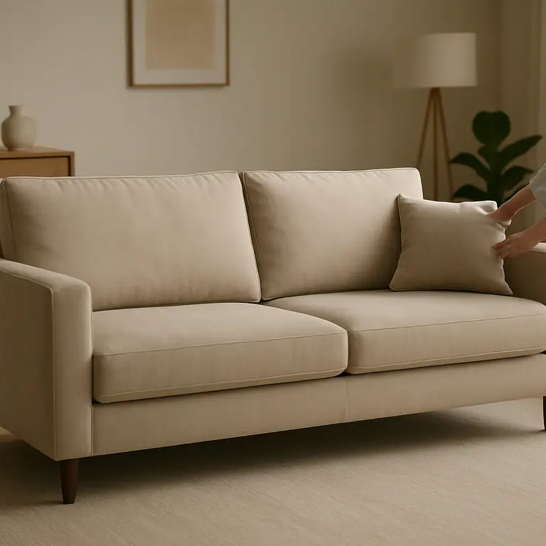 Sofá moderno elegante em tecido suede bege claro com design minimalista em sala de estar contemporânea