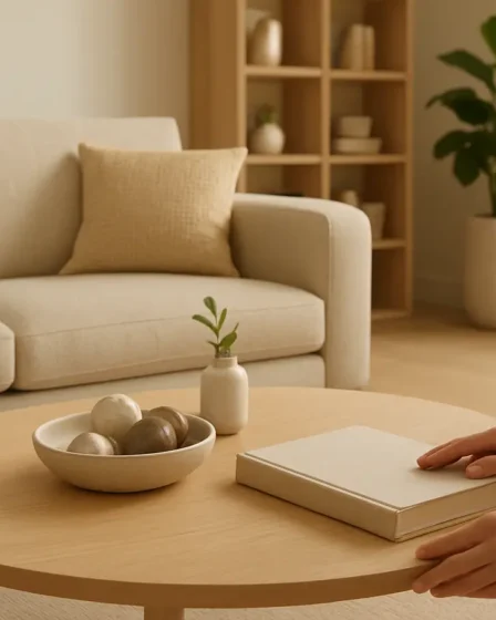 tendencias morar 2026 sala estar moderna Sala de estar moderna com móveis minimalistas em tons naturais e decoração funcional