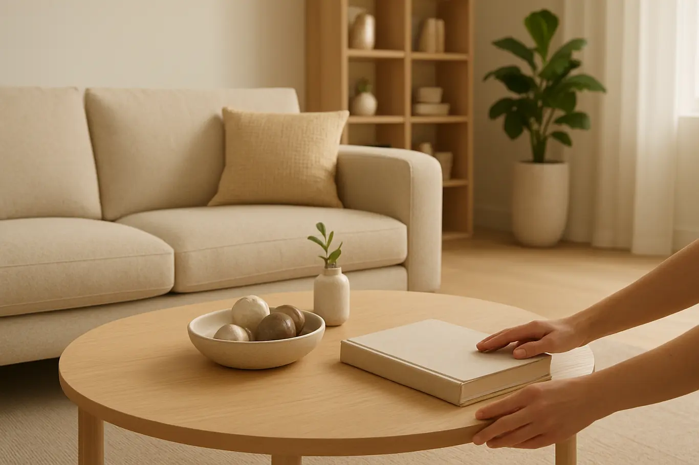 tendencias morar 2026 sala estar moderna Sala de estar moderna com móveis minimalistas em tons naturais e decoração funcional