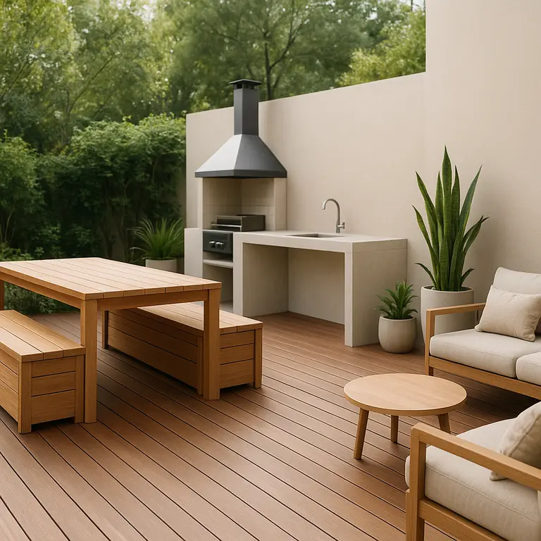 Área externa residencial organizada com deck de madeira, bancos com armazenamento e mesa retrátil, área gourmet com churrasqueira compacta, lounge com poltronas acolchoadas e cantinho verde com plantas em vasos minimalistas