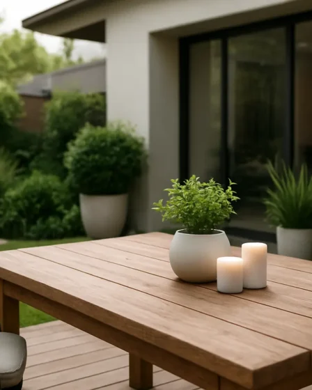 transformacao area externa moderna aconchegante Área externa residencial com móveis de jardim elegantes e mesa de madeira rústica decorada