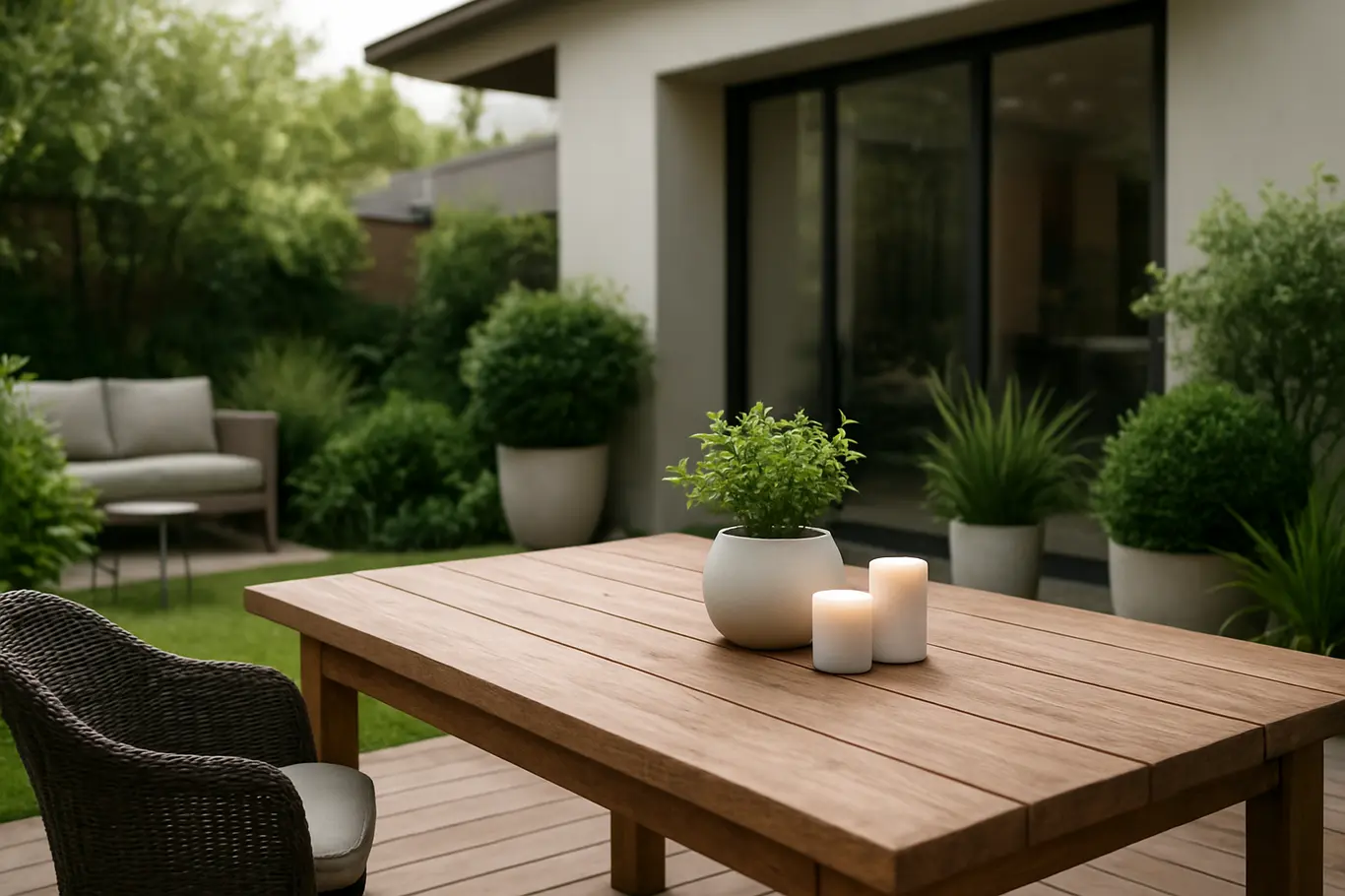 transformacao area externa moderna aconchegante Área externa residencial com móveis de jardim elegantes e mesa de madeira rústica decorada