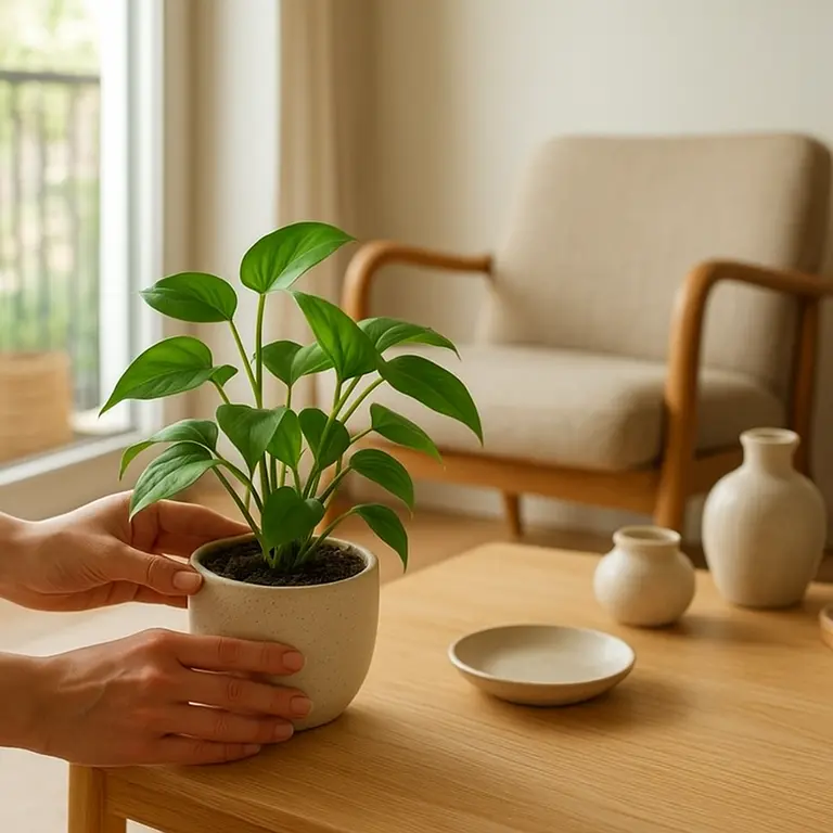 Mãos ajustando vaso com plantas verdes sobre mesa de madeira clara na varanda integrada à sala
