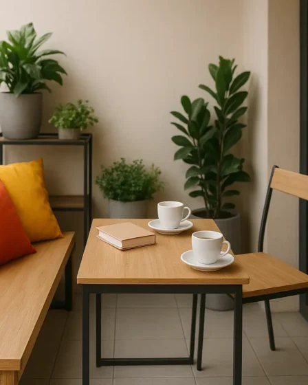 varanda pequena funcional decoracao pratica Varanda residencial com móveis compactos de madeira clara e metal, banco embutido com almofadas coloridas, plantas em vasos modernos e mesa pequena com xícaras e livros