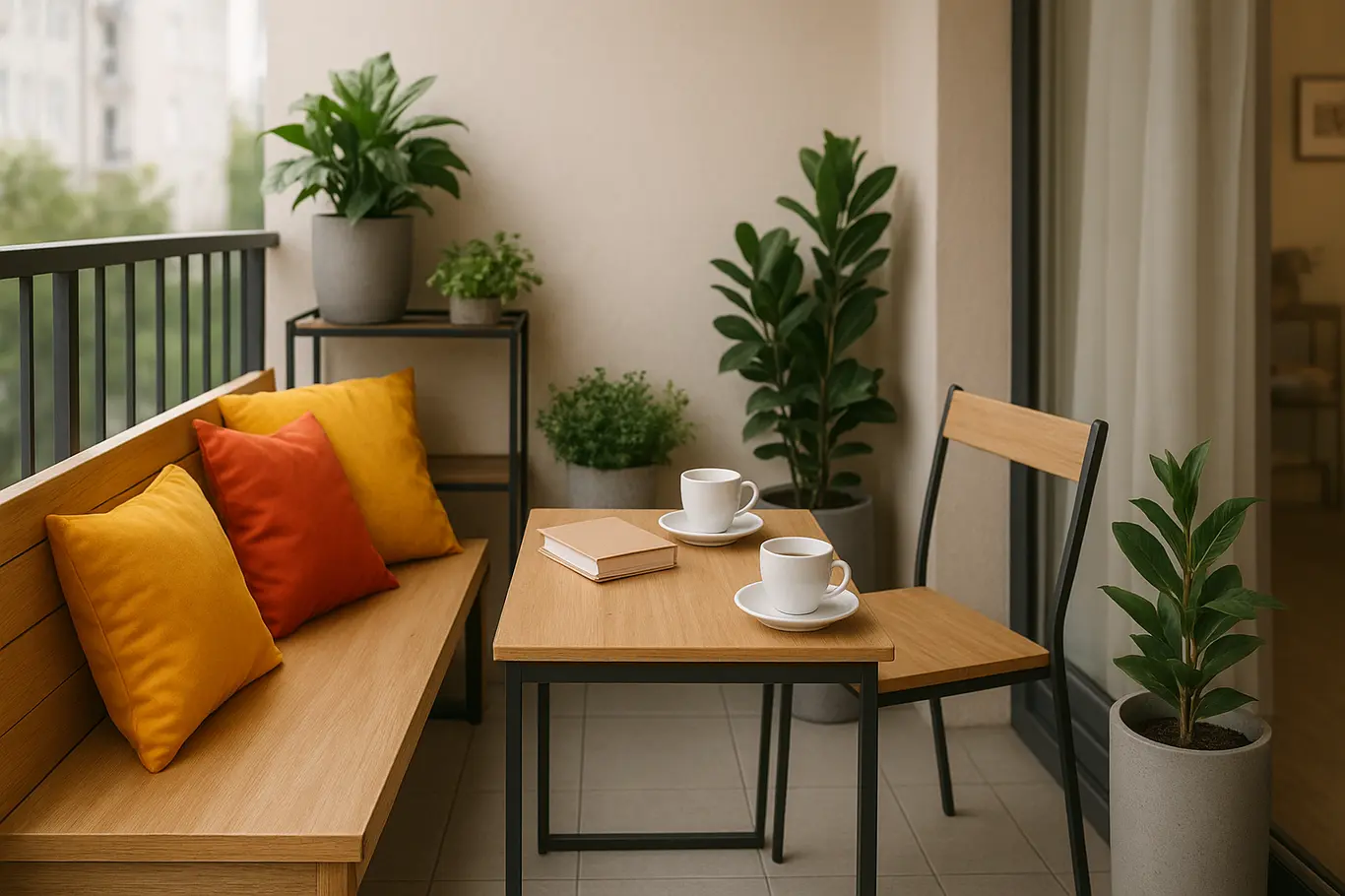 varanda pequena funcional decoracao pratica Varanda residencial com móveis compactos de madeira clara e metal, banco embutido com almofadas coloridas, plantas em vasos modernos e mesa pequena com xícaras e livros