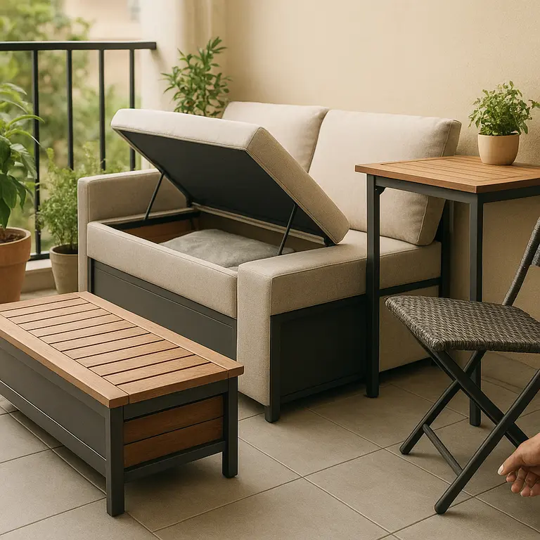 Varanda pequena e funcional com sofá cama baú aberto mesa retrátil cadeira dobrável e banco com armazenamento decorada com plantas