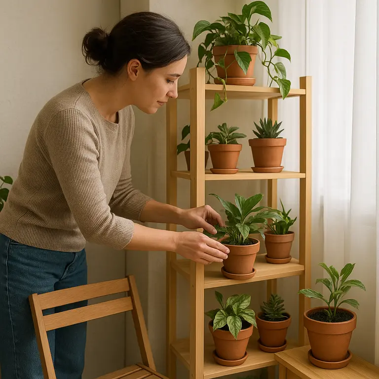 Pessoa organizando vasos de plantas em prateleiras estreitas numa varanda pequena e funcional com mobiliário compacto de madeira clara