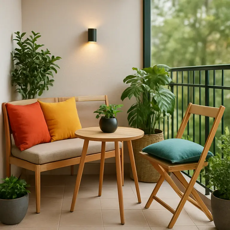 Varanda pequena com móveis compactos e plantas decorativas