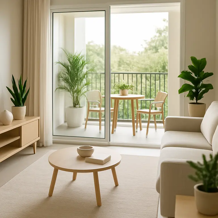 Varanda pequena integrada à sala com portas de vidro abertas, móveis compactos claros e plantas verdes