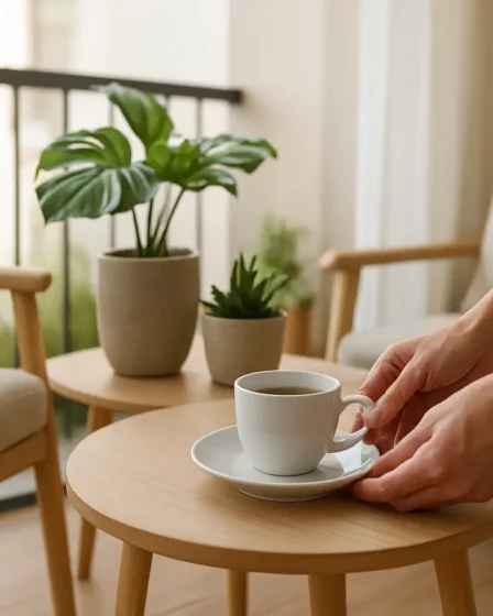 varanda pequena moveis plantas Varanda pequena acolhedora com poltronas de madeira clara e mesa com plantas verdes