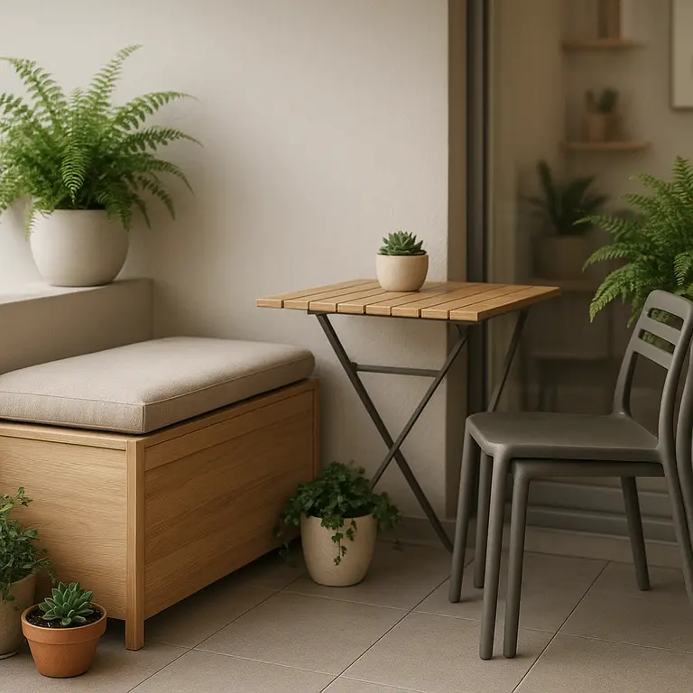 Varanda pequena contemporânea com banco baú de madeira clara, mesa dobrável retrátil, cadeiras empilháveis e plantas em vasos variados