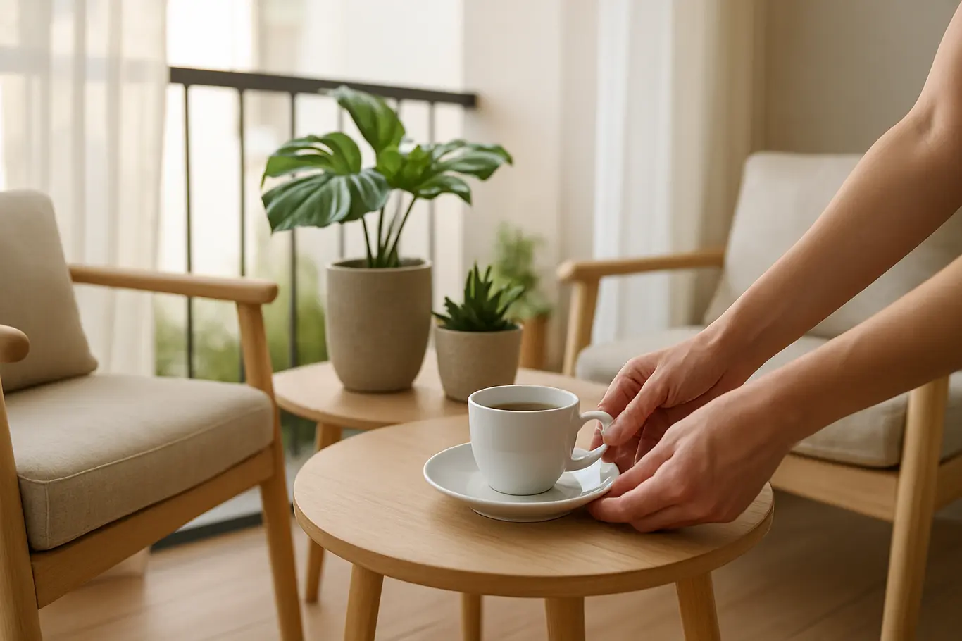varanda pequena moveis plantas Varanda pequena acolhedora com poltronas de madeira clara e mesa com plantas verdes