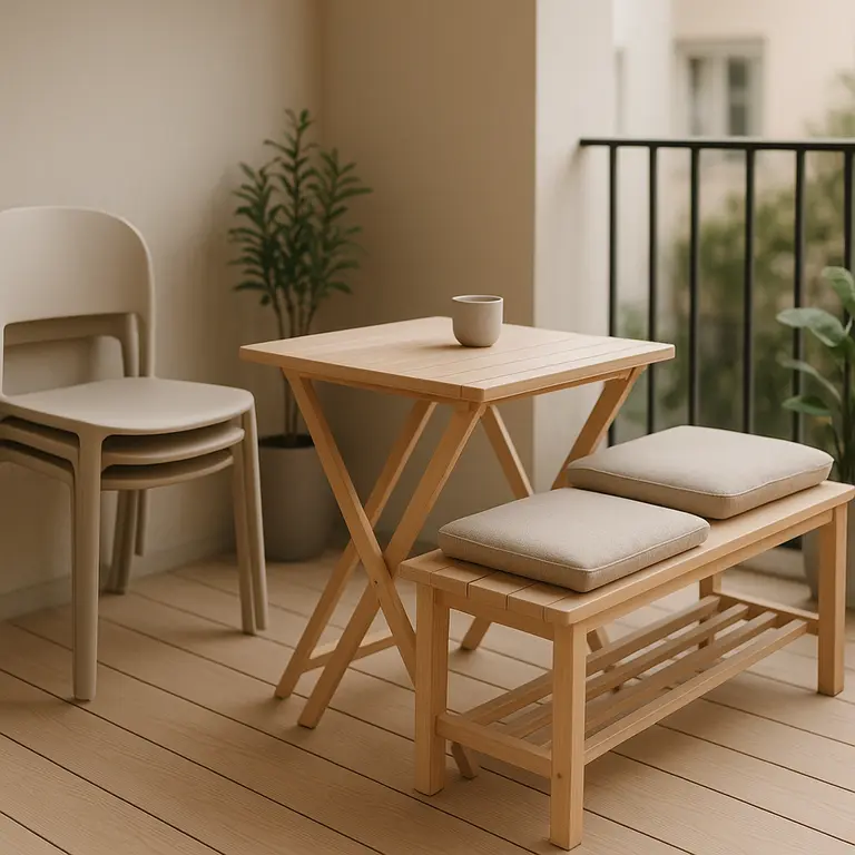 Varanda pequena moderna com móveis flexíveis de madeira clara e poltronas empilháveis