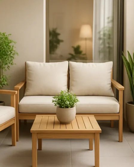 varanda pequena plantas moveis iluminacao Varanda pequena com móveis de madeira clara, almofadas neutras e plantas verdes em vasos elegantes