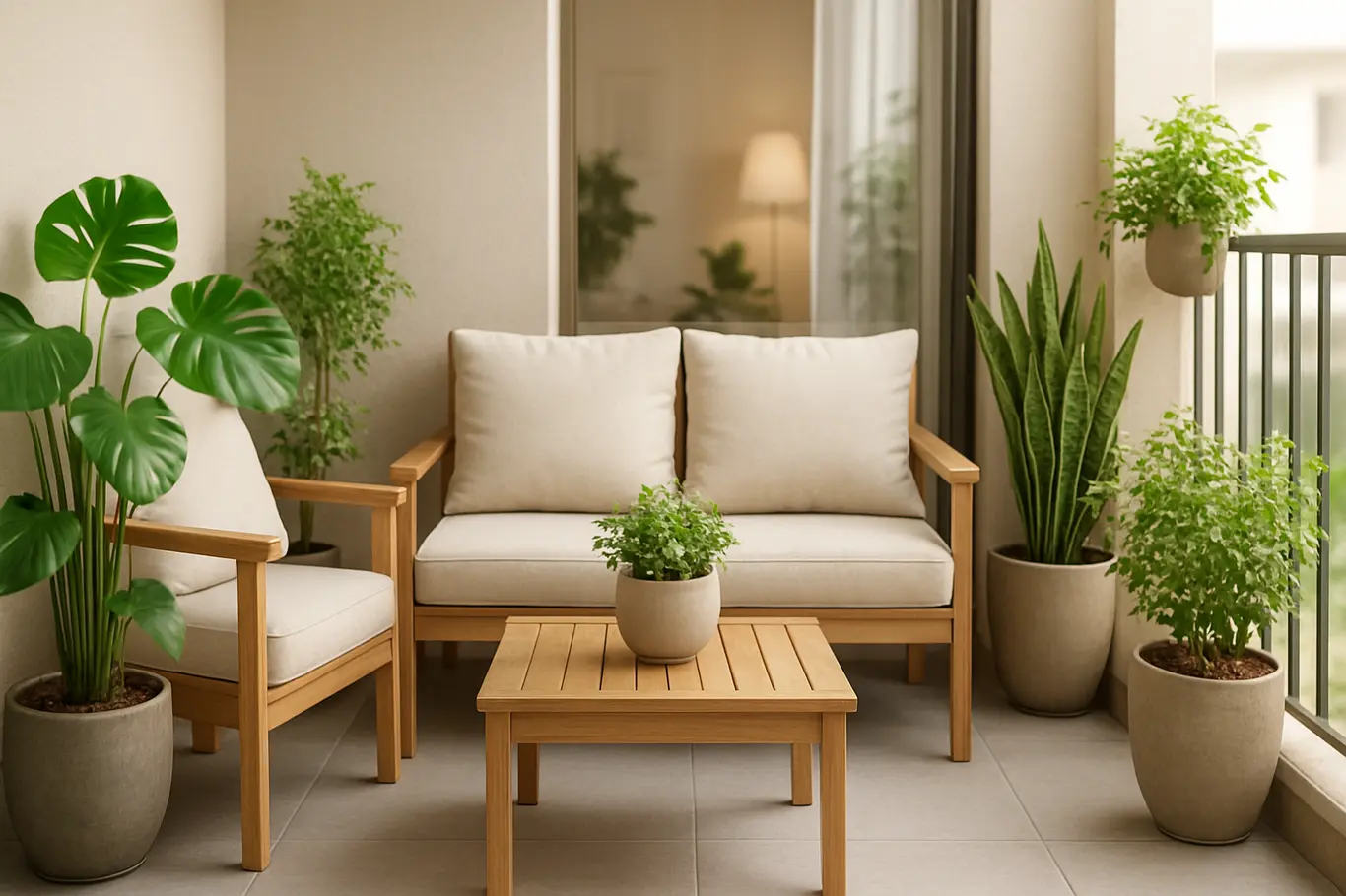 varanda pequena plantas moveis iluminacao Varanda pequena com móveis de madeira clara, almofadas neutras e plantas verdes em vasos elegantes