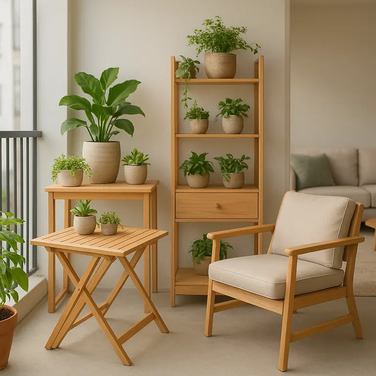 Varanda pequena integrada à sala com móveis compactos e plantas verdes