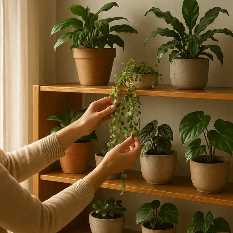 Pessoa ajustando vasos de plantas variadas em prateleira de madeira na sala de estar