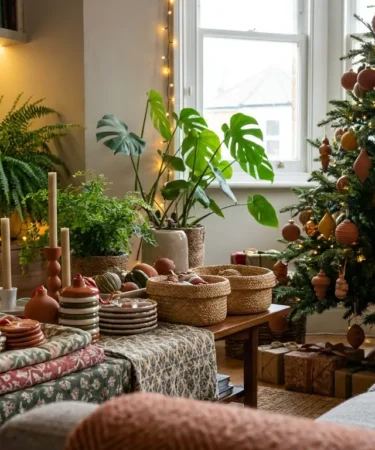 Sala de estar natalina com árvore rica em ornamentos, tecidos sobre mesa e plantas