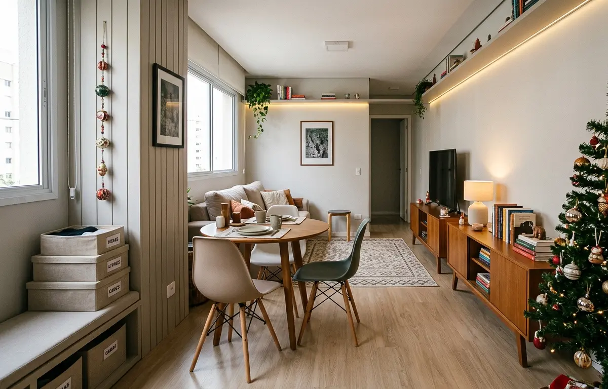 capa natal maximalista 4 Apartamento pequeno com árvore compacta, aparador e painel vertical organizados por zonas