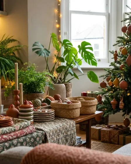 capa natal maximalista Sala de estar natalina com árvore rica em ornamentos, tecidos sobre mesa e plantas