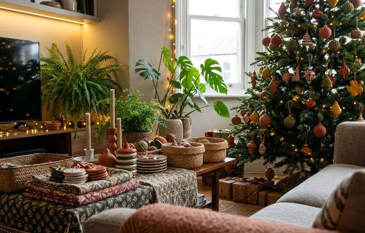 capa natal Sala de estar natalina com árvore rica em ornamentos, tecidos sobre mesa e plantas