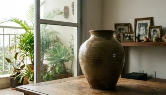 Sala com vaso artesanal em destaque e varanda úmida ao fundo